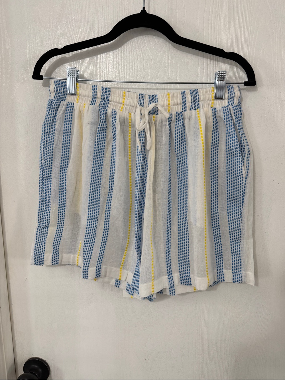 Elan White, Blue & Yellow Striped High Waist Drawstring Shorts